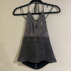 Express Women Size 2 Halter Tie-black/iridescent Deep V-Neck Fit/Flare Party Top